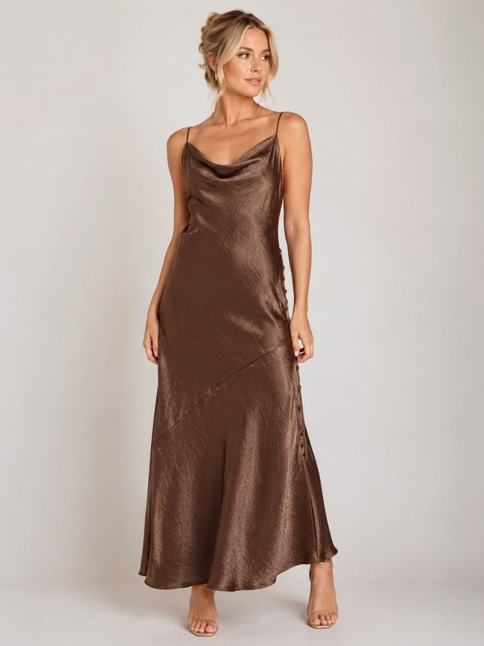 Zara Copper Satin Cowl-Neck Maxi Slip Dress